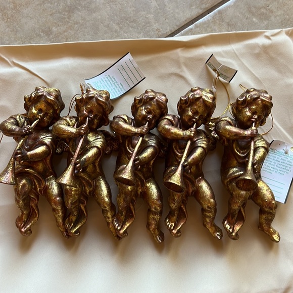 (5) NWT Gold cherub angel w trumpet Christmas hanging ornaments 7” h x 4.5” wide - Picture 1 of 15